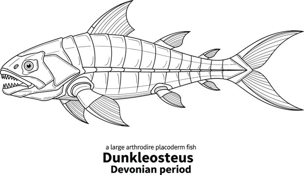 Dunkleosteus large armored fish with sharp teeth, devonian period prehistoric creature.