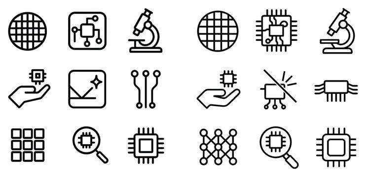 Technology icons with chip microscope network circuit outline