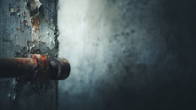 Rusty metal pipe attached to peeling concrete wall, showing decay and weathering in an industrial or abandoned urban setting with dramatic lighting effects