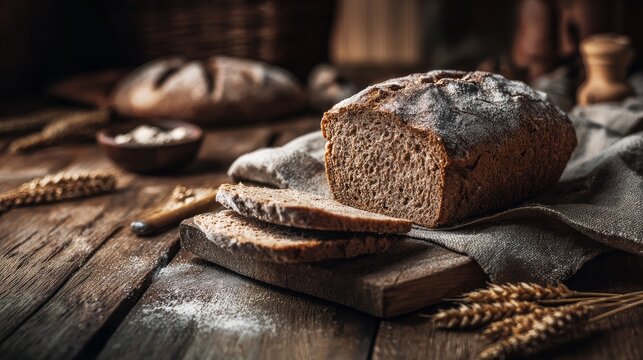 Fresh rye bread sits on a wooden table.