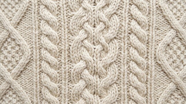Macro of Cream Aran Cable Knit with Braided Rope Cable Pattern