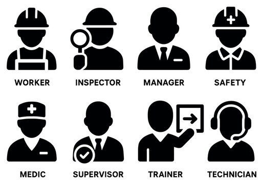 Workplace safety icons with worker inspector technician solid