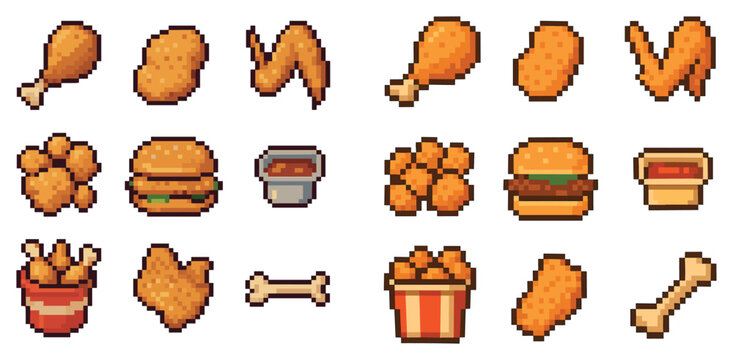 Fast food icons with chicken drumstick burger fries pixel