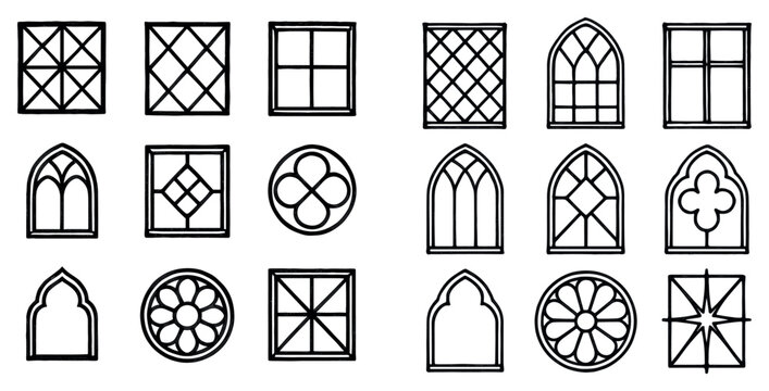 Window icons with arched panes and round motifs outline