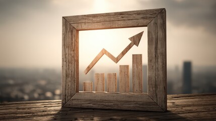 Obraz premium Textured Wooden Frame Showcasing Upward Growth Chart and Bars Symbolizing Financial Success