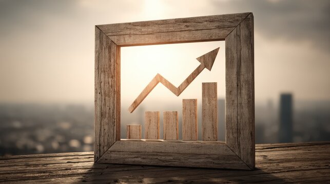 Textured Wooden Frame Showcasing Upward Growth Chart and Bars Symbolizing Financial Success