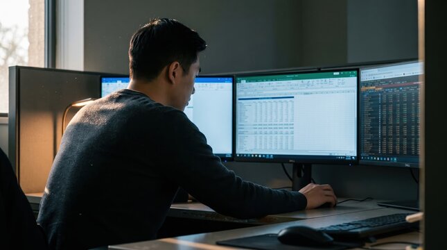 Man working at three computer monitors in office cubicle