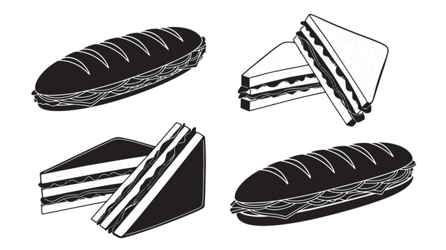 Sandwich clipart set with black and white outlines featuring layered bread, filling texture, and triangular slice design