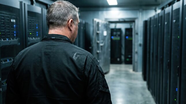 Man in black jacket walking through server room hallway with racks