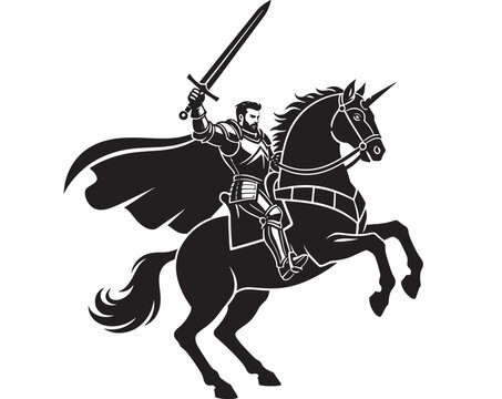 Knight cavalier riding a horse holding a sword in monochrome silhouette flat vector artwork featuring rider, joust, medieval with armor and helmet