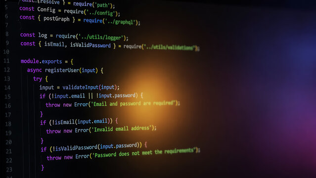 Computer code on a dark background with colorful light effects.
