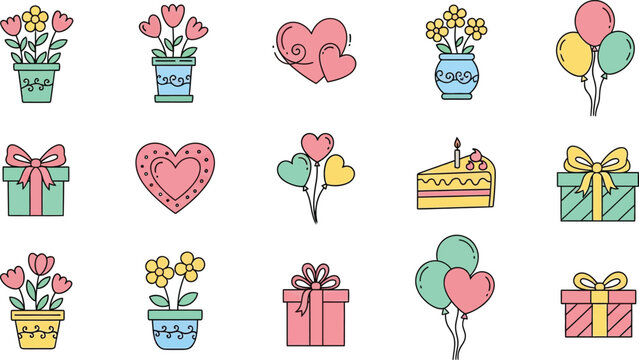 Collection of colorful icons for celebrations and gifts with flat design