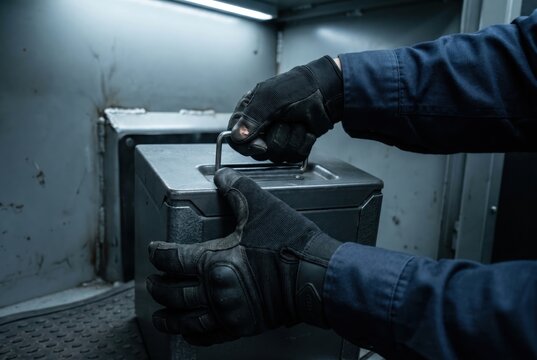 Hands in gloves placing armored transit cassette in vault locker