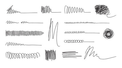 Scribble line patterns set with hand drawn black doodle strokes for design backgrounds and creative typography accents featuring sketch lines, marker © Moinul