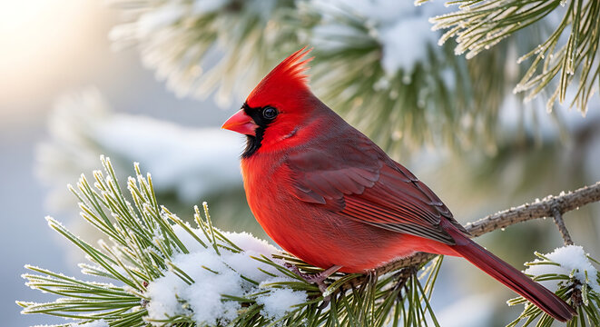 A vibrant red cardinal perches on a snow-covered pine branch in a serene winter landscape.