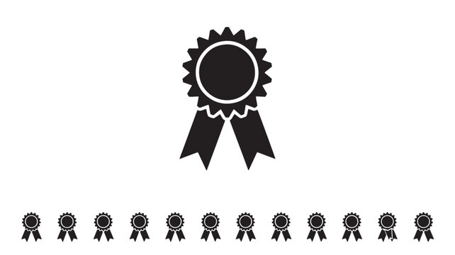 Badge rosette icons with ribbon, premium quality seals and achievement emblems in minimalist black vector style featuring seal, emblem, award with