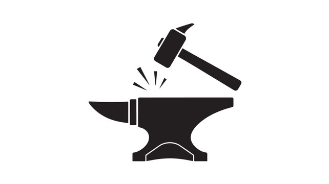 Anvil and hammer with impact sparks icon for premium blacksmithing tools and industrial craftsmanship branding featuring blacksmith, logo, industry