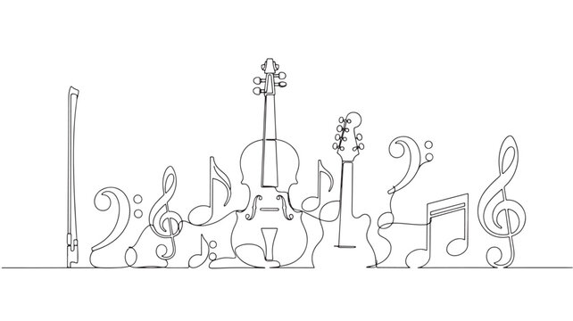 Guitar line art icon with musical notes, wine glass motif, and premium doodle style for music themed design featuring string instrument, melody,