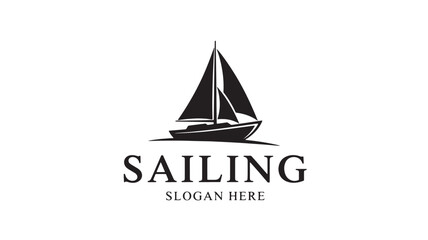 Sailing ship logo with black sail icon and bold typography for premium nautical branding and travel identity design featuring maritime, seafaring, © Moinul