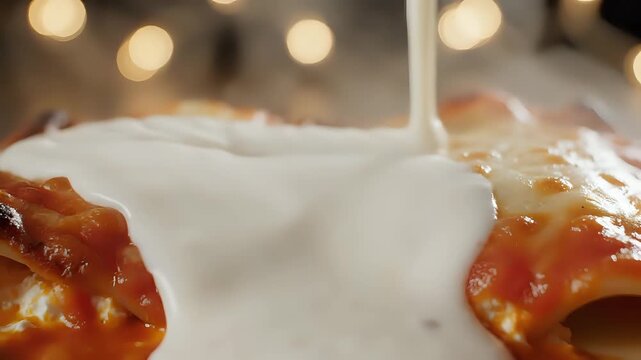 Delicious Enchiladas Covered in Creamy White Sauce Closeup.