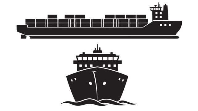 Ship and harbor silhouette icon with stacks containers and open sea waves on white background featuring container vessel, port, maritime with