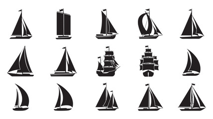 Sailboat icons set with black vector ships, sails, and hull silhouettes for maritime logo design and web graphics featuring ship silhouette, sailing © Moinul