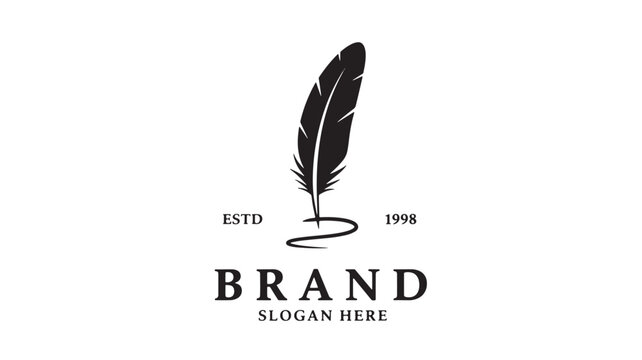 Feather logo icon with brand name and slogan text for premium identity design on white background featuring quill, typography, emblem with monogram
