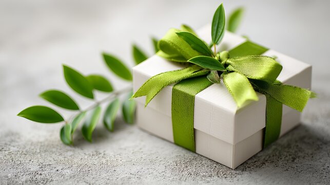Gift box with bright green ribbon, decorated with Ruscus leaves, sits on a concrete surface.