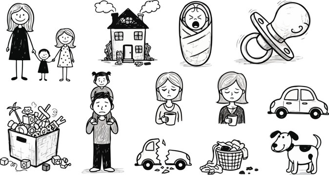 Doodle art of family life challenges, including a baby, broken car, laundry, and toys.