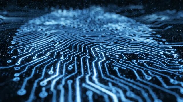 Digital fingerprint scan with glowing blue circuit lines on dark background