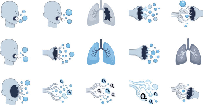 Human lungs anatomy illustration healthy damaged with air bubbles and oxygen molecules scientific.