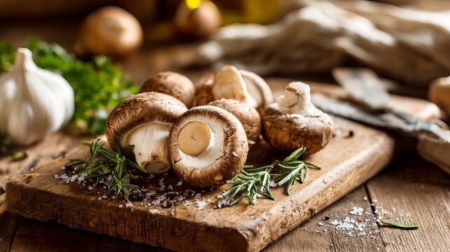 Mushrooms lie on a wooden board, ready for cooking.