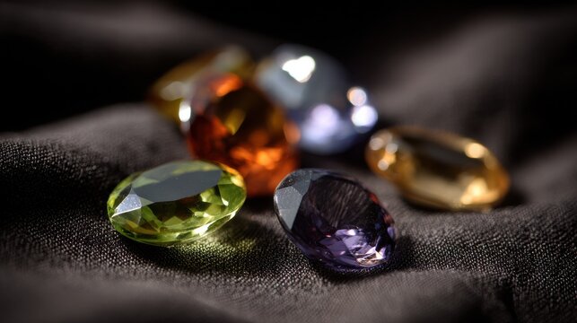 A collection of dazzling polished gemstones of various colors and cuts displayed on a dark textured surface