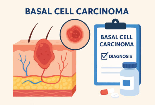 Basal Cell Carcinoma Medical Illustration with Skin Layer Diagram