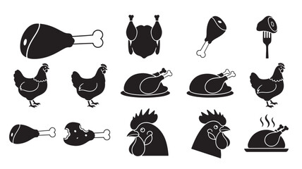 Chicken and rooster icons set with chicken coop, clucking poses, drumsticks, and food concepts in bold black silhouette style © Moinul