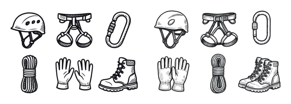 Outdoor icons with helmet rope boot outline