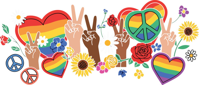 Rainbow hearts peace signs flowers and hands showing victory sign representing peace love and lgbtq pride support diversity.