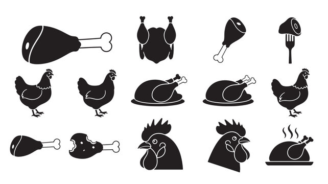 Chicken and rooster icons set with chicken coop, clucking poses, drumsticks, and food concepts in bold black silhouette style