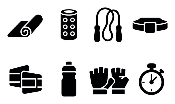 Fitness icons with mat roller rope solid