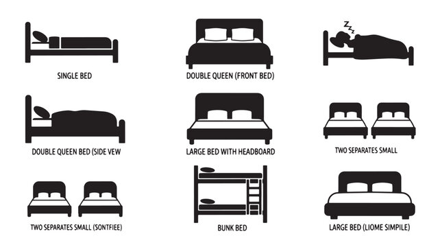 Bed icon set with single, double queen, bunk, and twin styles for premium furniture infographic and UI diagrams featuring side view, headboard, two