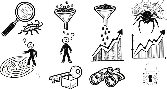 Set of business analytical icons featuring magnifying glass funnel spider web rising charts maze key lock and binocular.