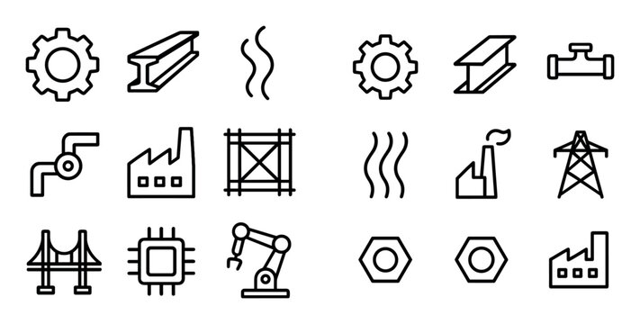 Industrial icons with gear beam factory outline