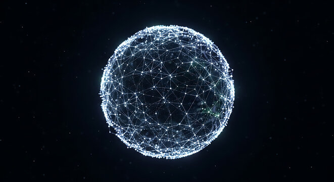 Abstract glowing sphere of interconnected dots and lines representing a global network or data structure in space.