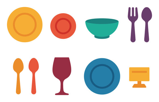 Dining icons with plate bowl spoon colorful flat