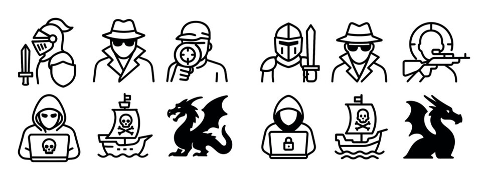 Fantasy icons with knight dragon pirate bold outline