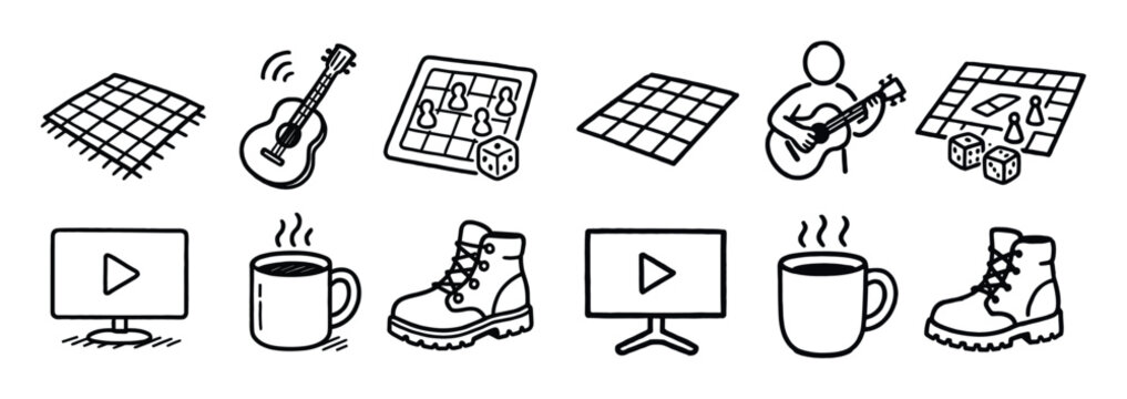 Leisure icons with guitar board dice outline