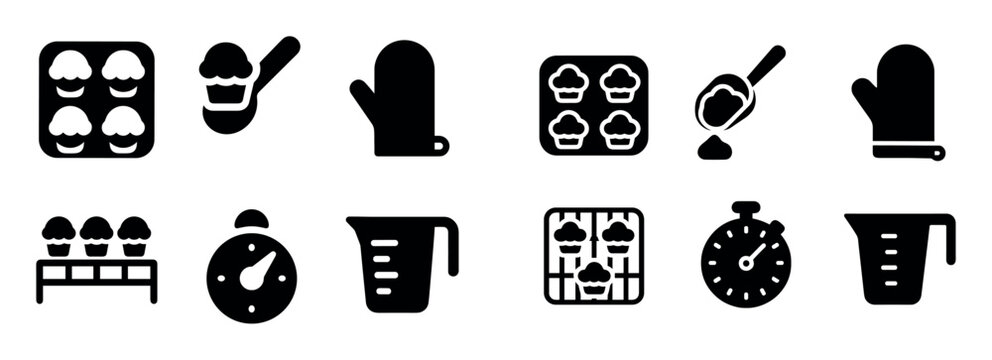Baking icons with tray mitt timer bold style