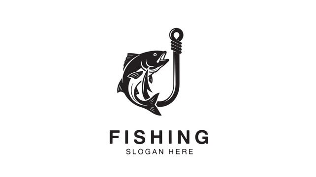 Fishing hook icon with a stylized fish and bold typography for a premium fishing brand logo featuring angler, catch, seafood with marine life and