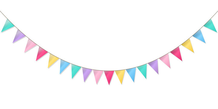 Festive pastel colorful triangular bunting flags hanging on a string isolated on a transparent background for celebration decorations