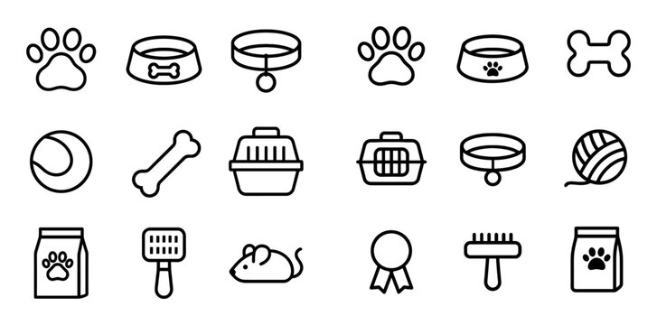 Pet icons with paw bowl collar outline